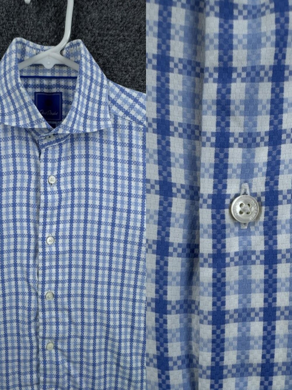David Donahue Blue White 15.5 32/33 Logo Men Trim Premium Button Up Business